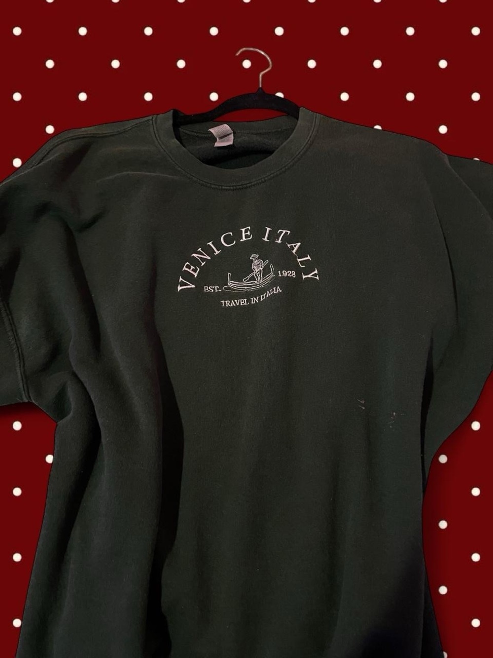 Gildan Dark Green Venice Italy Crewneck Sweatshirt with White Embroidery